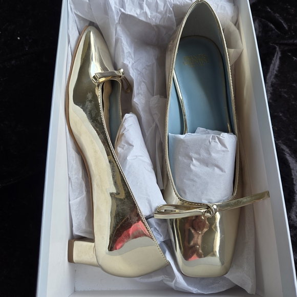 Frances Valentine Mary Mini Block Gold Heels with Bow - Picture 2 of 5